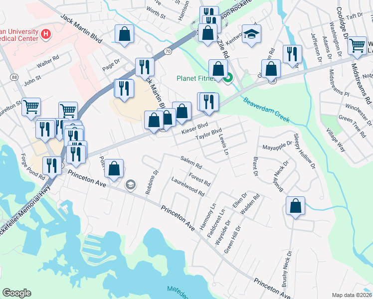 map of restaurants, bars, coffee shops, grocery stores, and more near 94 Besante Boulevard in Brick Township