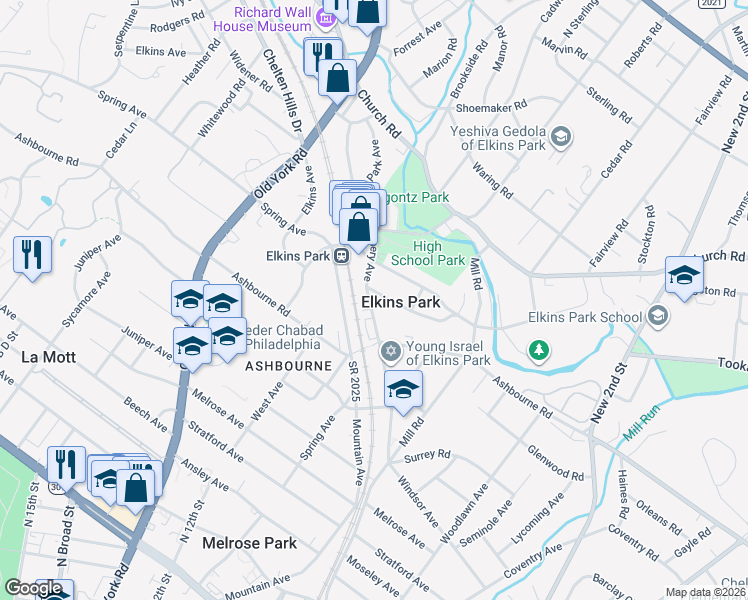 map of restaurants, bars, coffee shops, grocery stores, and more near in Elkins Park