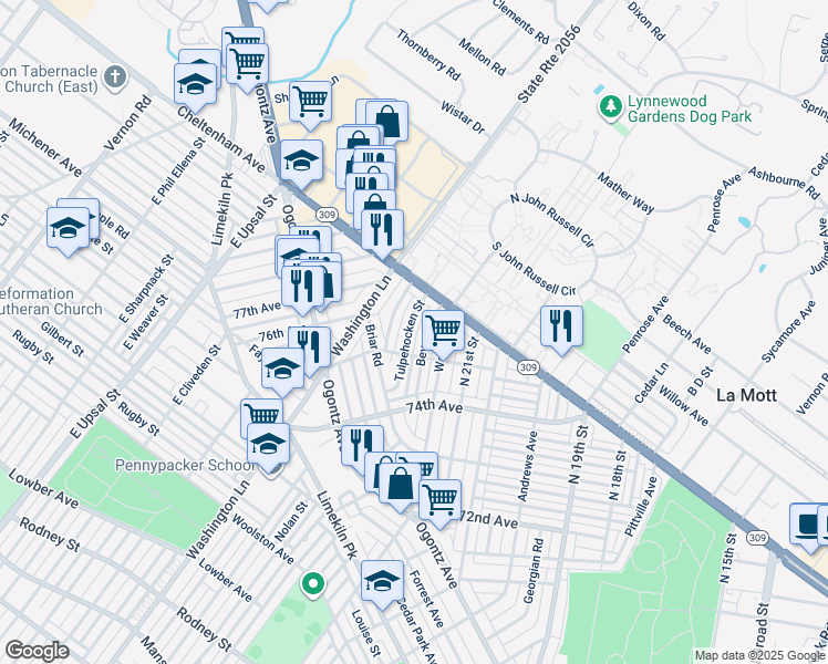 map of restaurants, bars, coffee shops, grocery stores, and more near East Tulpehocken Street in Philadelphia