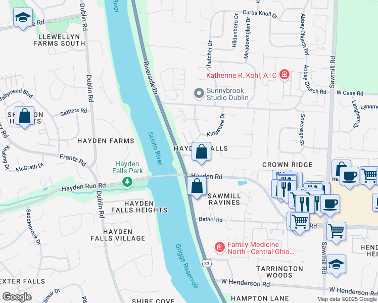 map of restaurants, bars, coffee shops, grocery stores, and more near 5629 Scioto Crest Drive in Dublin
