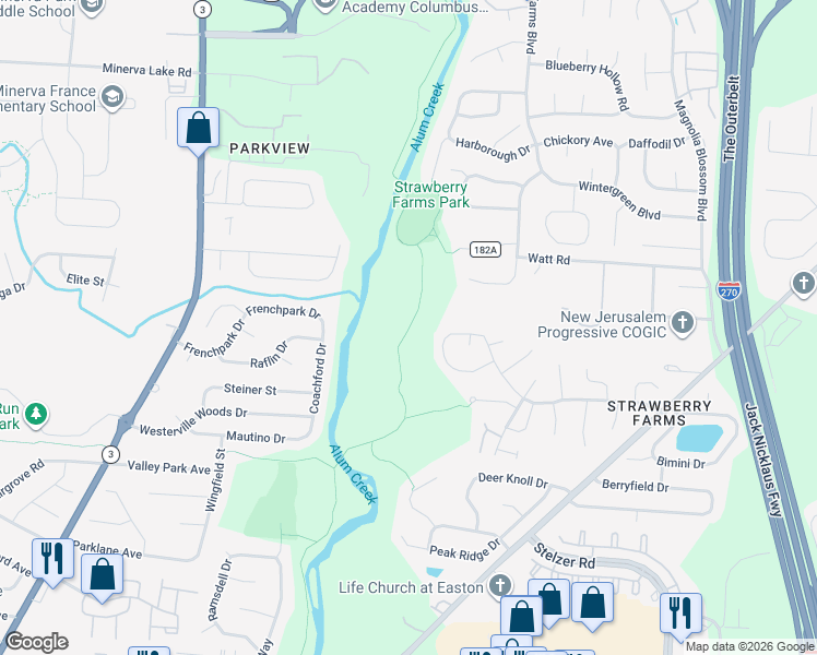 map of restaurants, bars, coffee shops, grocery stores, and more near Alum Creek Multi-Use Trail (Ohio to Erie Trail) in Columbus