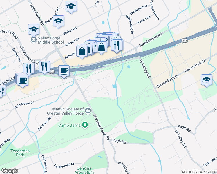 map of restaurants, bars, coffee shops, grocery stores, and more near 212 Old Forge Crossing in Devon