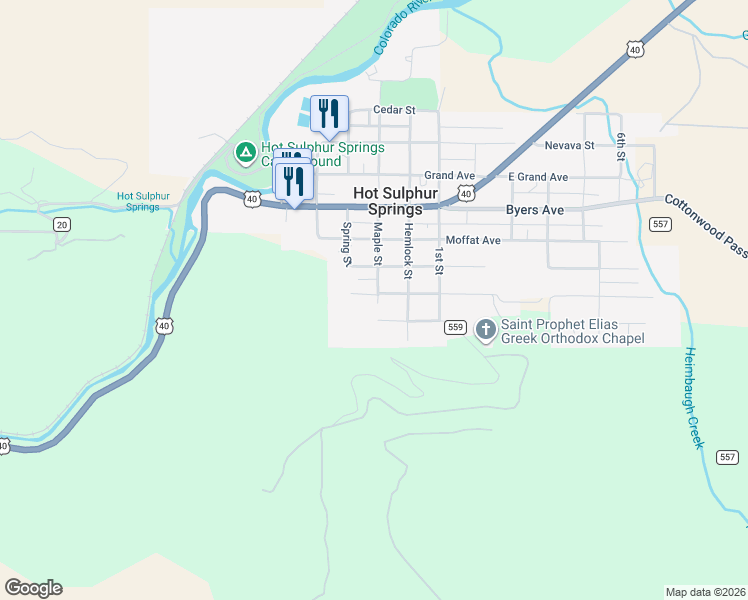 map of restaurants, bars, coffee shops, grocery stores, and more near 304 Ridgeway Ave in Hot Sulphur Springs