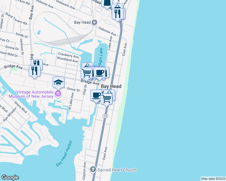 map of restaurants, bars, coffee shops, grocery stores, and more near 450 East Avenue in Bay Head