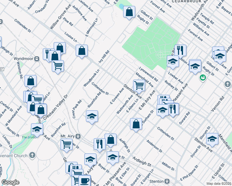 map of restaurants, bars, coffee shops, grocery stores, and more near 405 East Gowen Avenue in Philadelphia