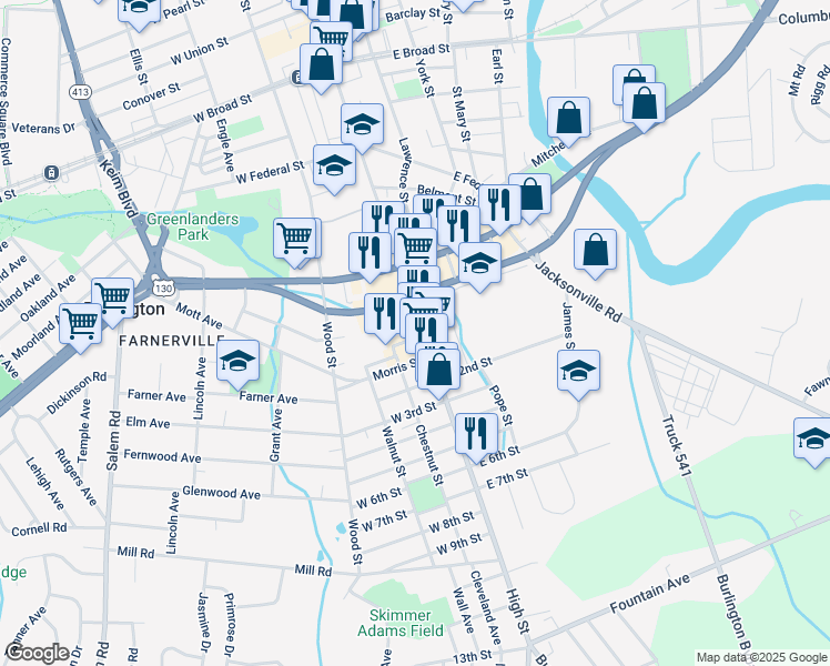 map of restaurants, bars, coffee shops, grocery stores, and more near 671 County Road 541 in Burlington