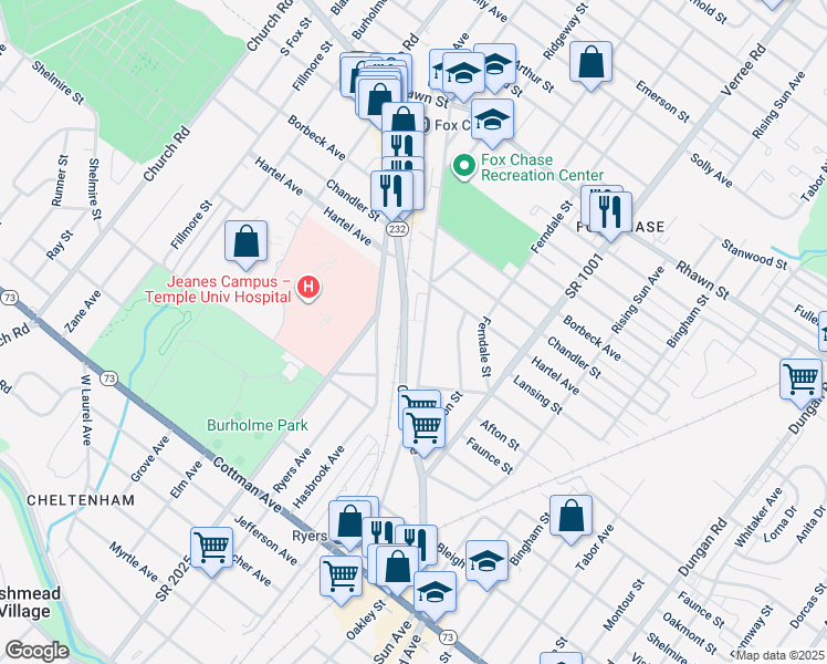 map of restaurants, bars, coffee shops, grocery stores, and more near 7718 Rockwell Avenue in Philadelphia