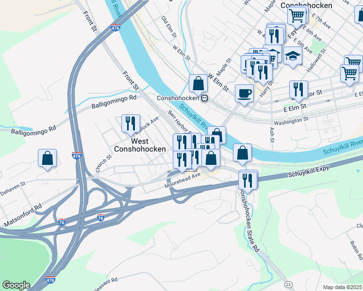 map of restaurants, bars, coffee shops, grocery stores, and more near in West Conshohocken