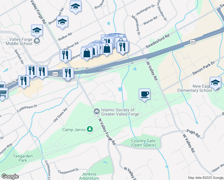 map of restaurants, bars, coffee shops, grocery stores, and more near 423 Old Forge Crossing in Devon