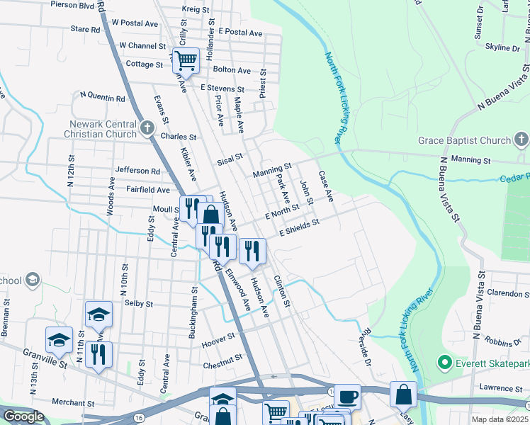 map of restaurants, bars, coffee shops, grocery stores, and more near 61 East North Street in Newark