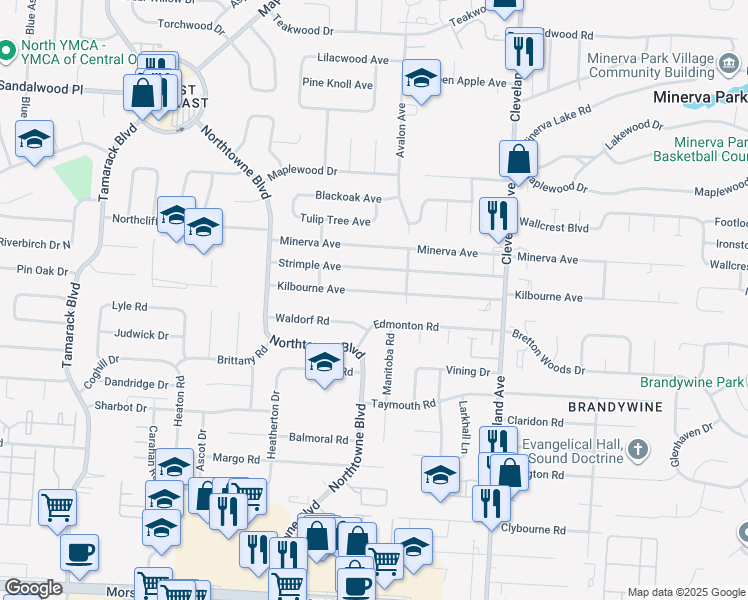 map of restaurants, bars, coffee shops, grocery stores, and more near 2286 Edmonton Road in Columbus