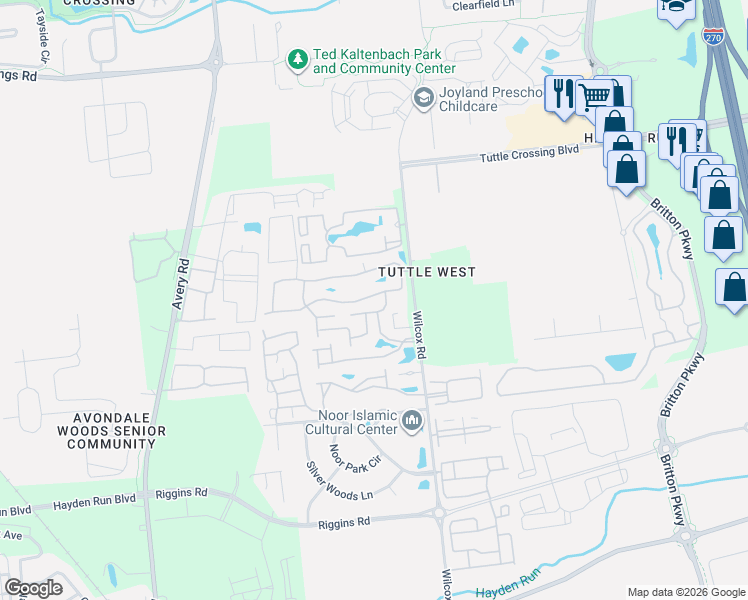 map of restaurants, bars, coffee shops, grocery stores, and more near 5699 Tuttle Commons Boulevard in Dublin
