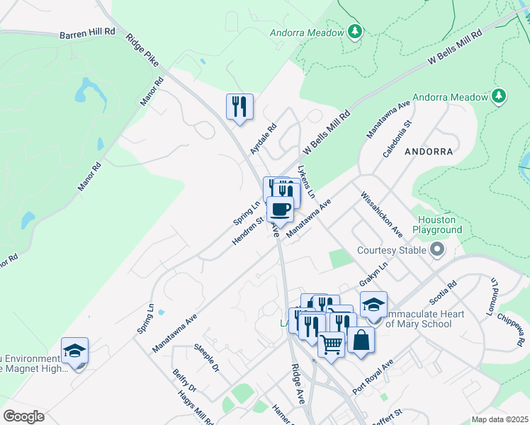 map of restaurants, bars, coffee shops, grocery stores, and more near 8948 Ridge Avenue in Philadelphia