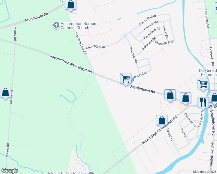 map of restaurants, bars, coffee shops, grocery stores, and more near 102 Jacobstown Road in Plumsted