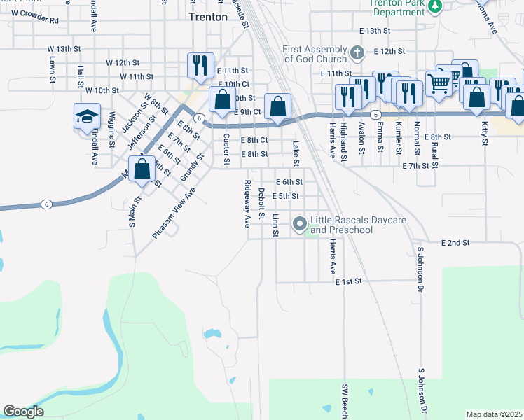 map of restaurants, bars, coffee shops, grocery stores, and more near 399 Debolt St in Trenton