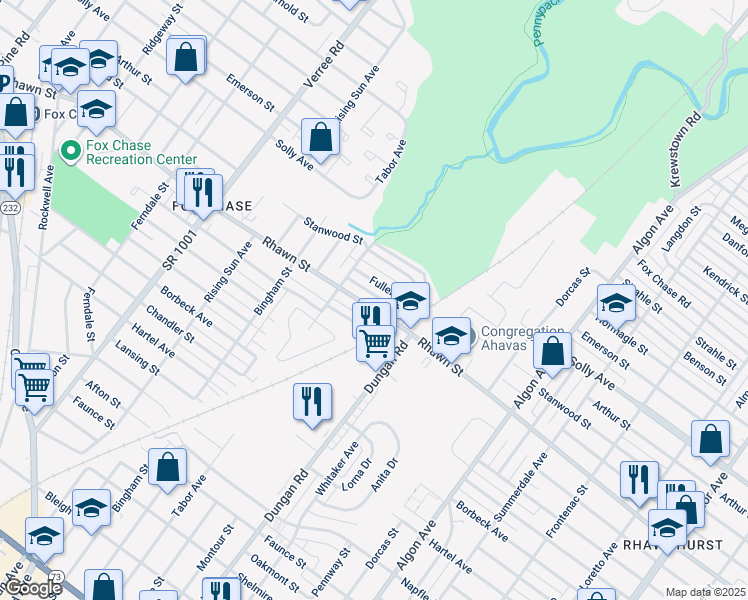 map of restaurants, bars, coffee shops, grocery stores, and more near 1201 Rhawn Street in Philadelphia