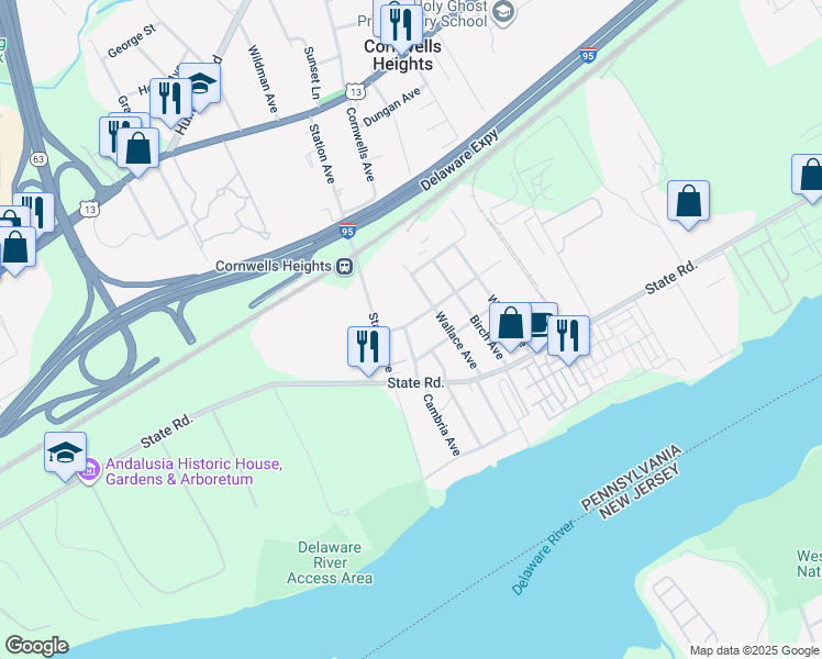 map of restaurants, bars, coffee shops, grocery stores, and more near 2047 New York Avenue in Bucks County