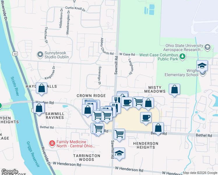 map of restaurants, bars, coffee shops, grocery stores, and more near 4889 Sawmill Road in Columbus