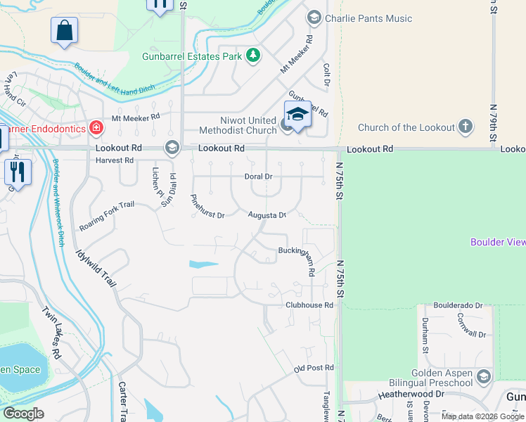 map of restaurants, bars, coffee shops, grocery stores, and more near 7322 Augusta Drive in Boulder