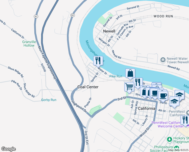 map of restaurants, bars, coffee shops, grocery stores, and more near 117 Spring Street in Coal Center