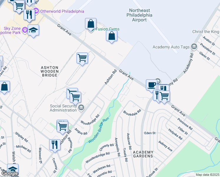 map of restaurants, bars, coffee shops, grocery stores, and more near 9601 Ashton Road in Philadelphia