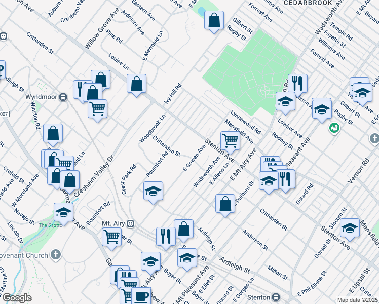 map of restaurants, bars, coffee shops, grocery stores, and more near 405 East Gowen Avenue in Philadelphia