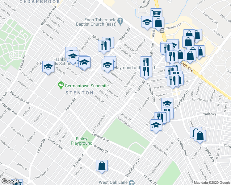 map of restaurants, bars, coffee shops, grocery stores, and more near 7815 Thouron Avenue in Philadelphia