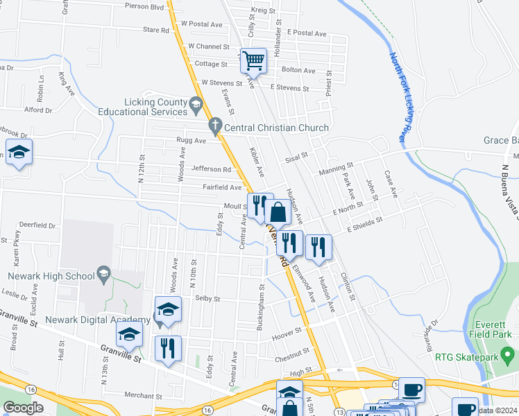 map of restaurants, bars, coffee shops, grocery stores, and more near 1 Moull Street in Newark