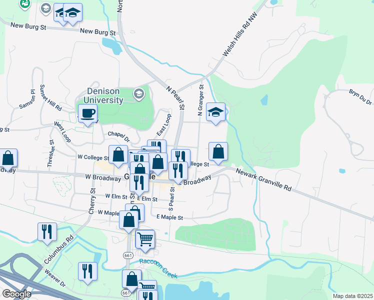 map of restaurants, bars, coffee shops, grocery stores, and more near 323 Summit Street in Granville