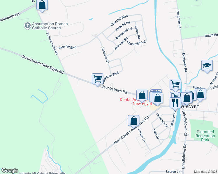 map of restaurants, bars, coffee shops, grocery stores, and more near 71 Jacobstown Road in Plumsted Township