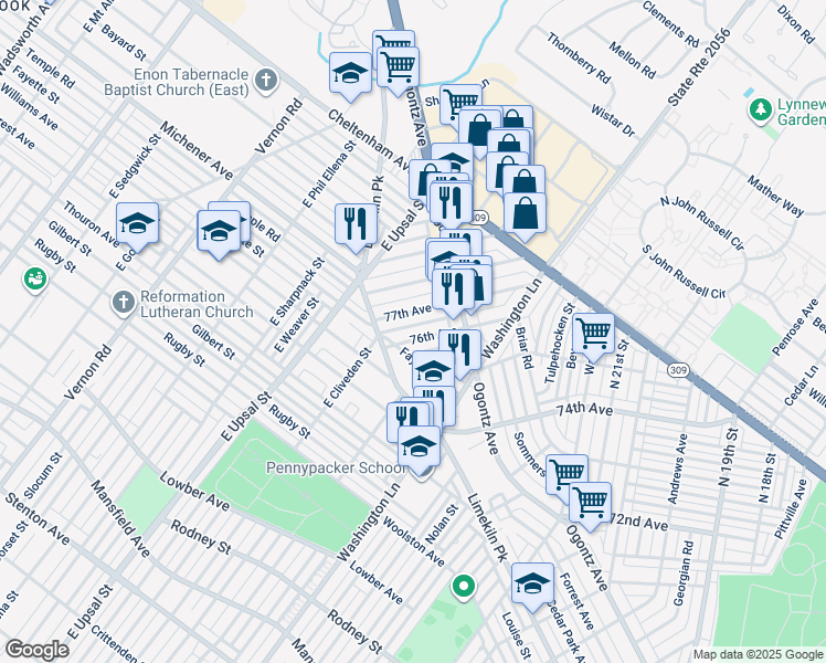 map of restaurants, bars, coffee shops, grocery stores, and more near 2461 76th Avenue in Philadelphia