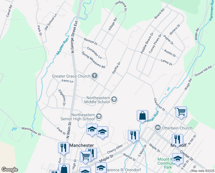 map of restaurants, bars, coffee shops, grocery stores, and more near 126 Malvern Drive in Manchester
