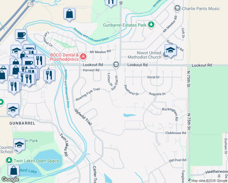 map of restaurants, bars, coffee shops, grocery stores, and more near 7035 Yampa Court in Boulder