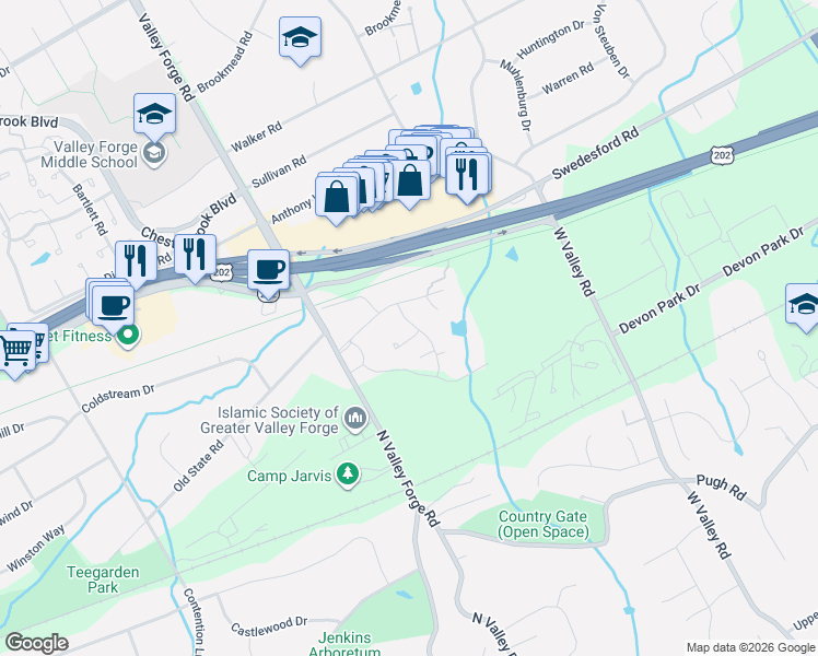 map of restaurants, bars, coffee shops, grocery stores, and more near 423 Old Forge Crossing in Devon