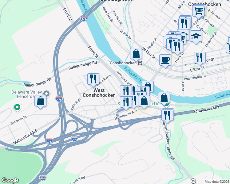 map of restaurants, bars, coffee shops, grocery stores, and more near 21 Merion Avenue in Conshohocken