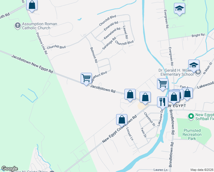 map of restaurants, bars, coffee shops, grocery stores, and more near 58 Jacobstown Road in Plumsted