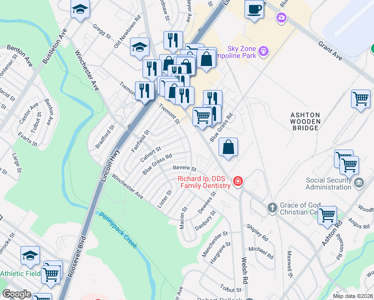 map of restaurants, bars, coffee shops, grocery stores, and more near 2666 Tremont Street in Philadelphia