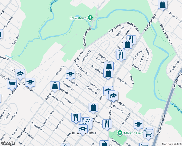 map of restaurants, bars, coffee shops, grocery stores, and more near 1722 Fox Chase Road in Philadelphia