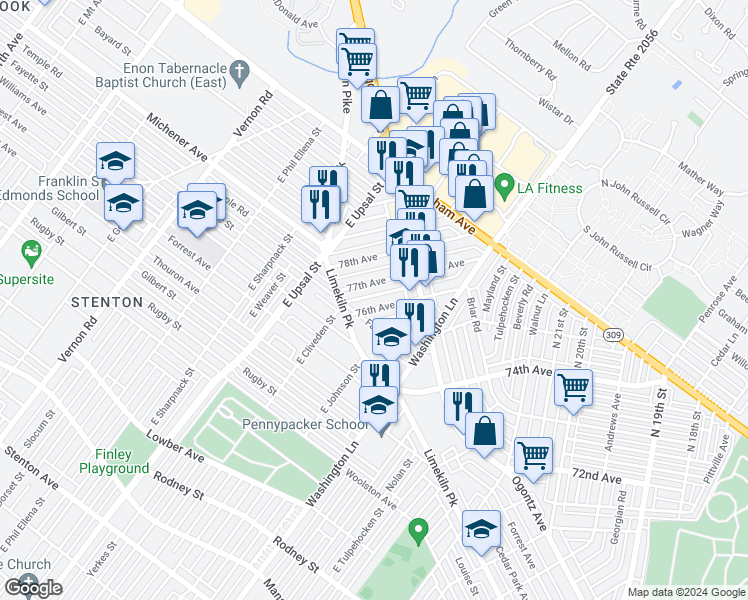 map of restaurants, bars, coffee shops, grocery stores, and more near 2456 76th Avenue in Philadelphia