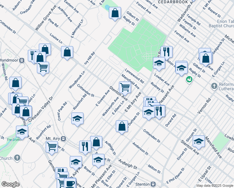 map of restaurants, bars, coffee shops, grocery stores, and more near 631 Wadsworth Avenue in Philadelphia