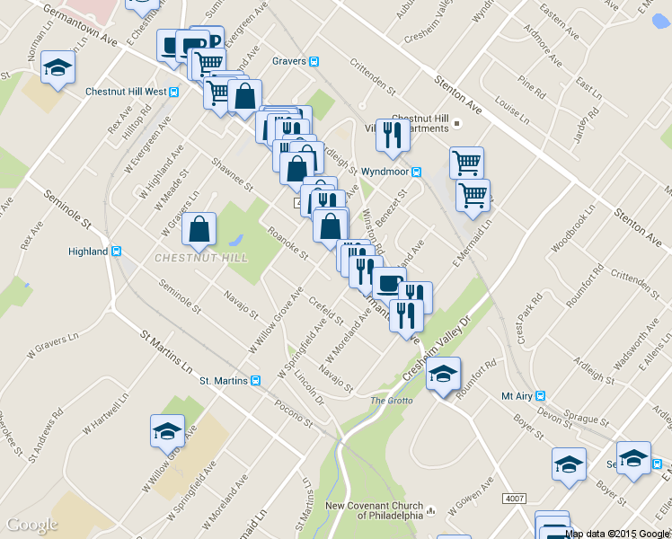 map of restaurants, bars, coffee shops, grocery stores, and more near 7924 Roanoke Street in Philadelphia