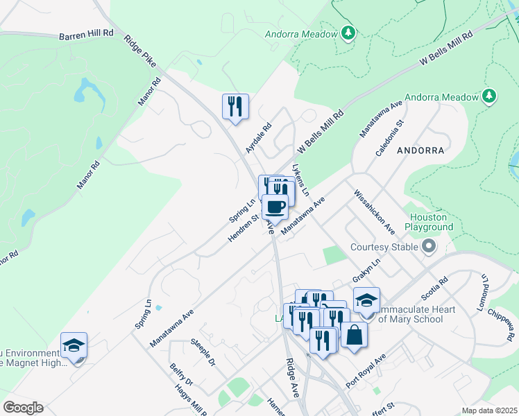 map of restaurants, bars, coffee shops, grocery stores, and more near 8948 Ridge Avenue in Philadelphia