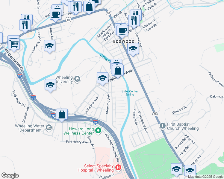 map of restaurants, bars, coffee shops, grocery stores, and more near 45 Biltmore Avenue in Wheeling