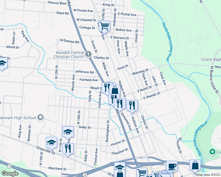 map of restaurants, bars, coffee shops, grocery stores, and more near 428 Mount Vernon Road in Newark