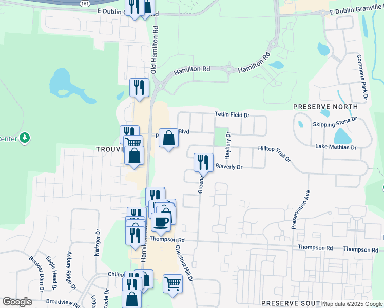map of restaurants, bars, coffee shops, grocery stores, and more near 5989 Blaverly Drive in New Albany