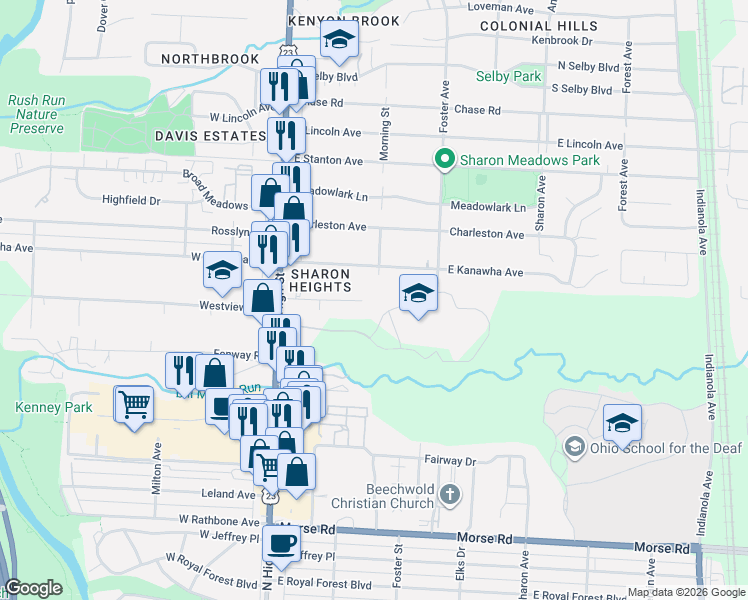map of restaurants, bars, coffee shops, grocery stores, and more near 115 Sunnyside Lane in Columbus