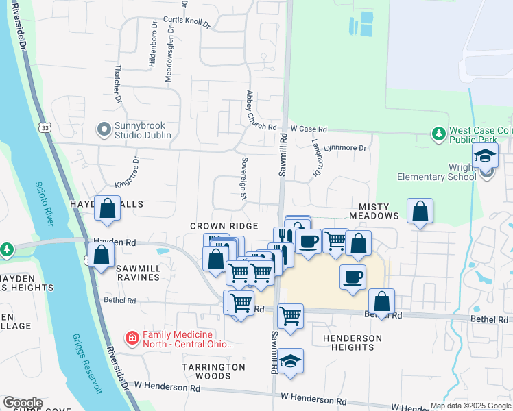 map of restaurants, bars, coffee shops, grocery stores, and more near 4889 Sawmill Road in Columbus