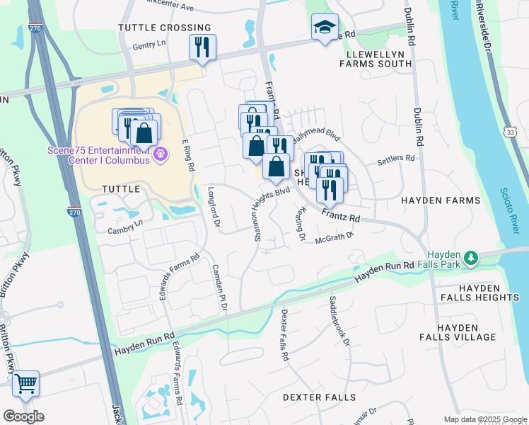 map of restaurants, bars, coffee shops, grocery stores, and more near 5797 Shannon Place Lane in Dublin