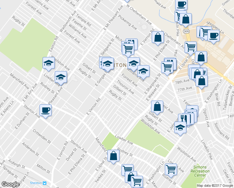 map of restaurants, bars, coffee shops, grocery stores, and more near 7937 Rugby Street in Philadelphia