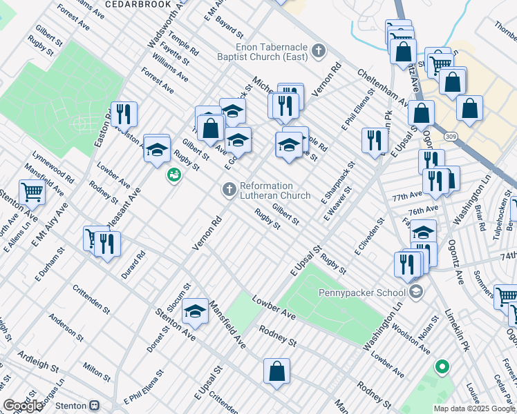 map of restaurants, bars, coffee shops, grocery stores, and more near 7937 Rugby Street in Philadelphia
